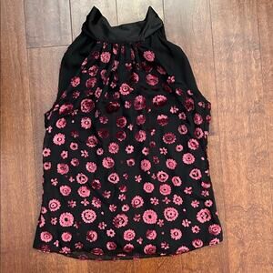 Ramy Brook “Pam” Black and Pink Floral Velvet Burnout Top with Bow, Size XS